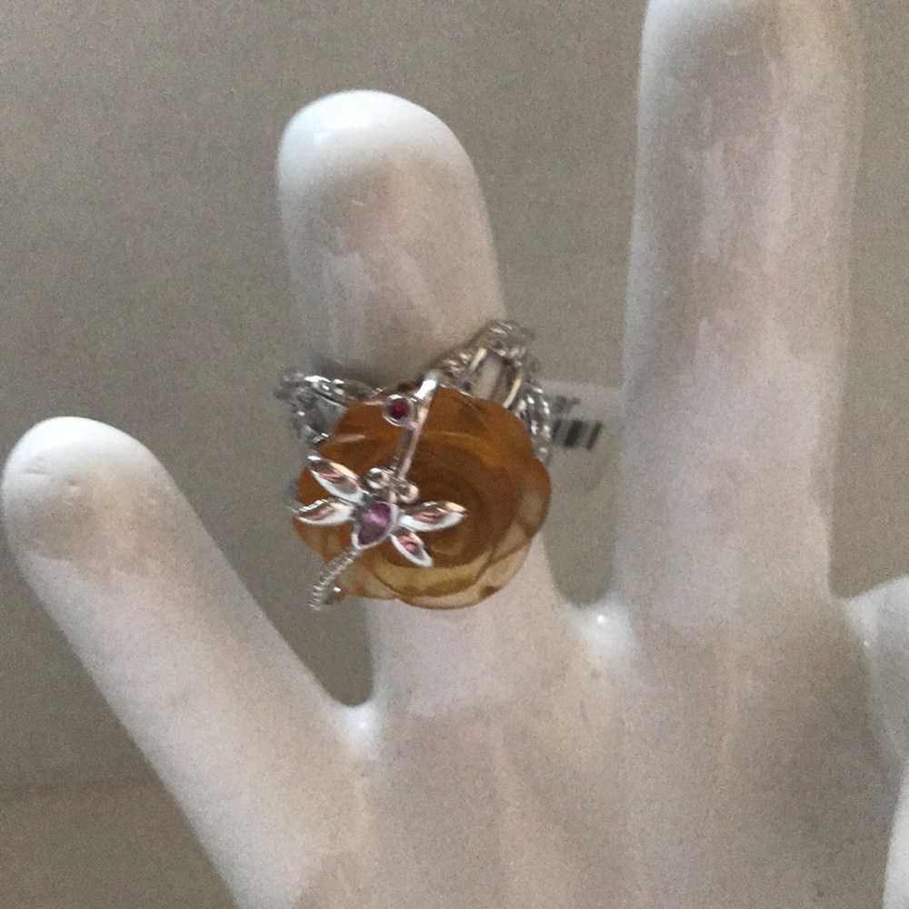 NWT Unique Sterling Silver Agate Rose Dragonfly Statement Ring